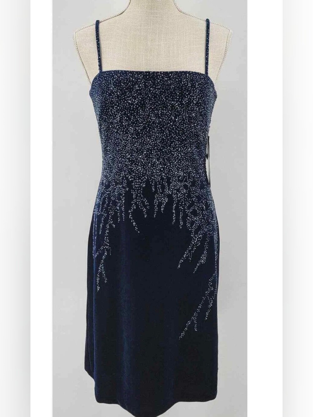 Navy Blue Velvet Beaded Spaghetti-Strap Dress